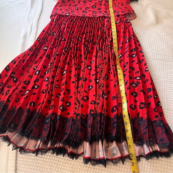MIKAEL AGHAL Red Leopard‎ Pleated Midi Dress Lace Trim Size 6 - Picture 11 of 12
